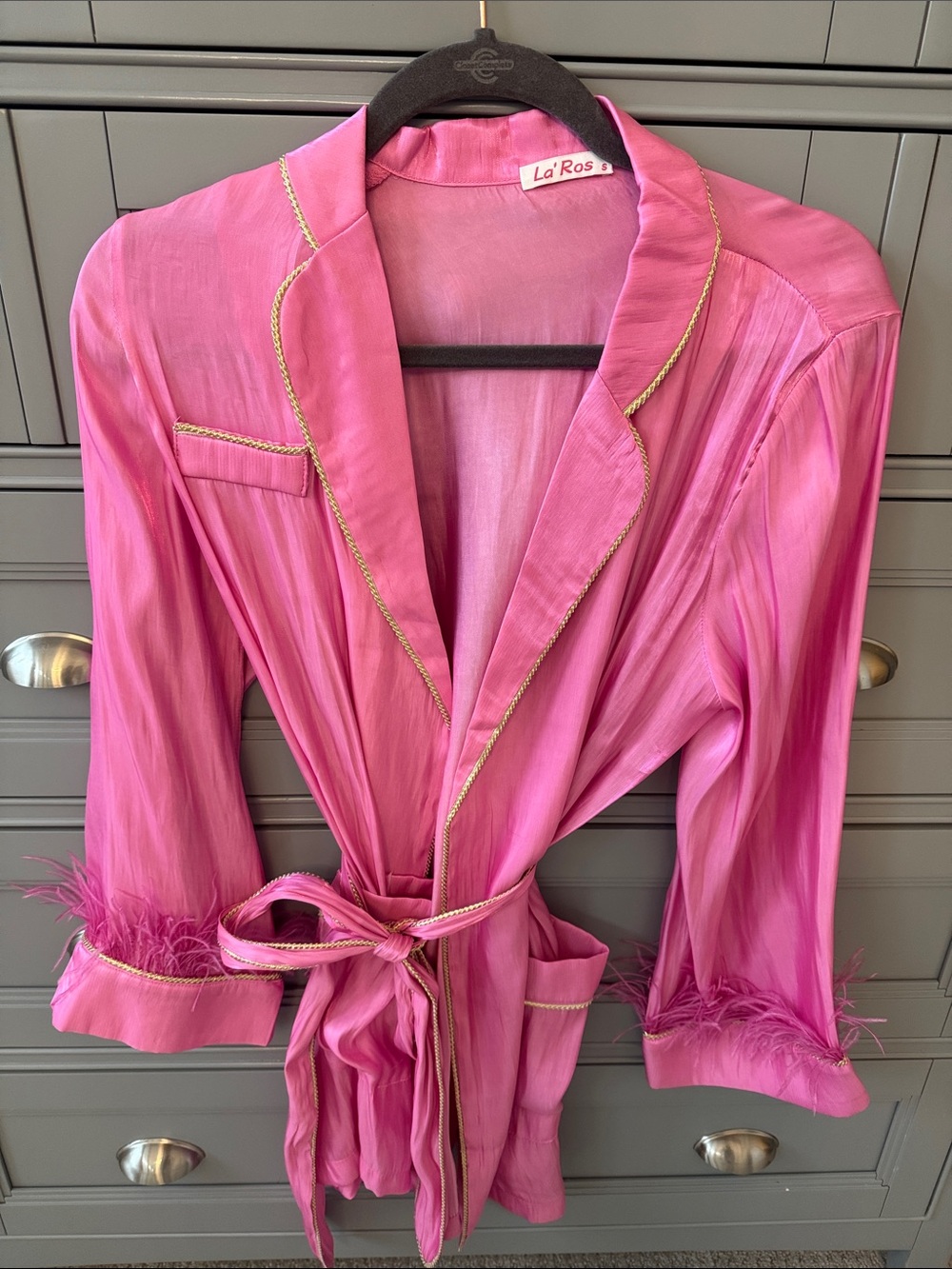 Pink Feather-Trim Satin Robe with Gold Piping